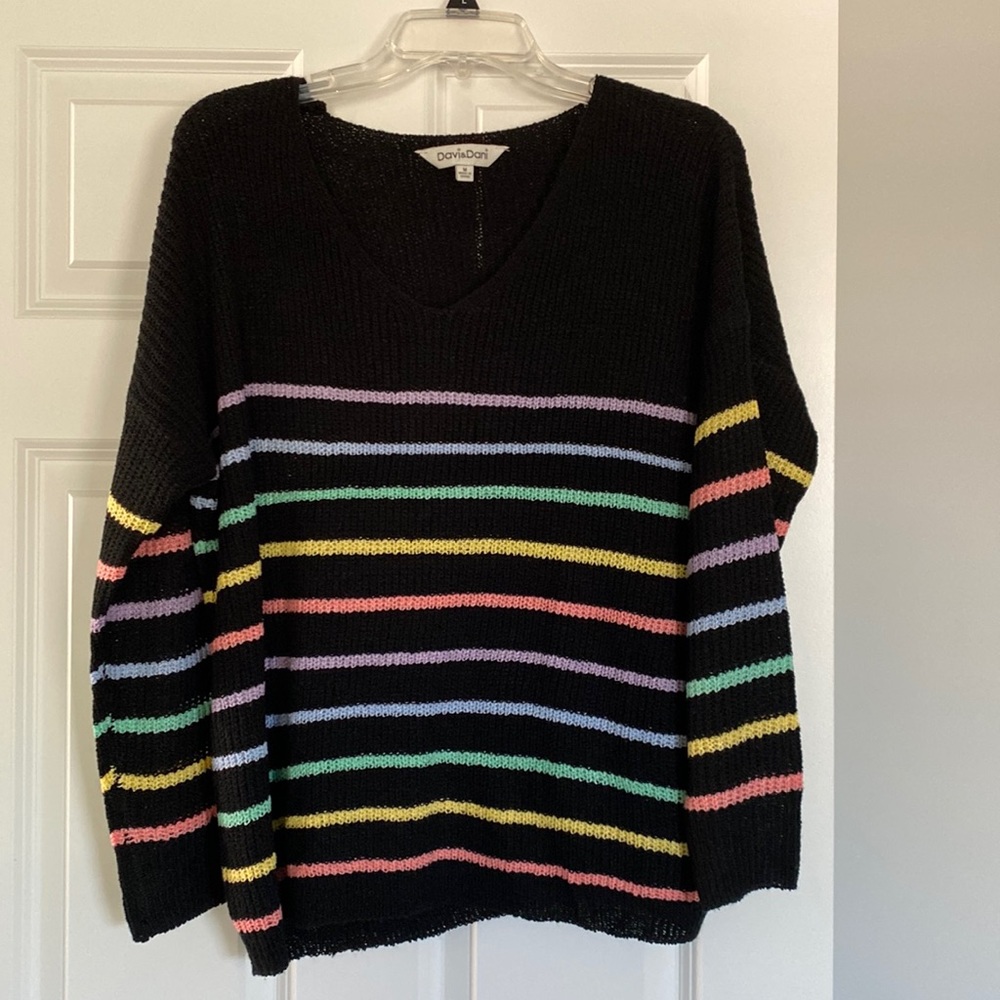 Black V-Neck Striped Sweater